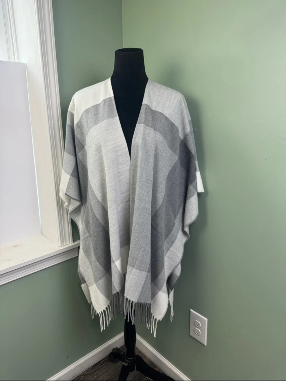 a new day Gray Plaid Fringe Poncho Wrap